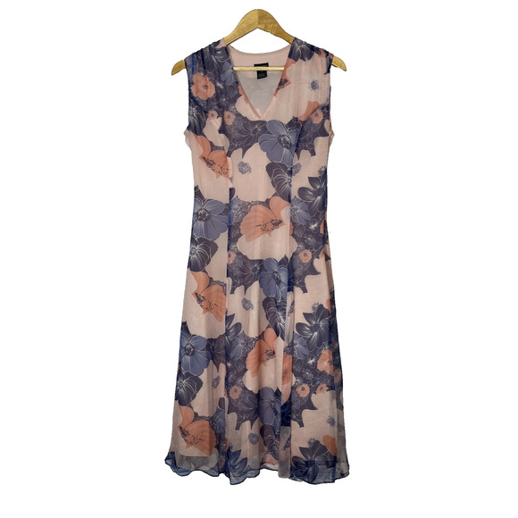 J. Peterman Dresses & Skirts - J Peterman Silk Midi Dress 4 Pink Blue Floral Sleeveless V Neck Chiffon Flowy